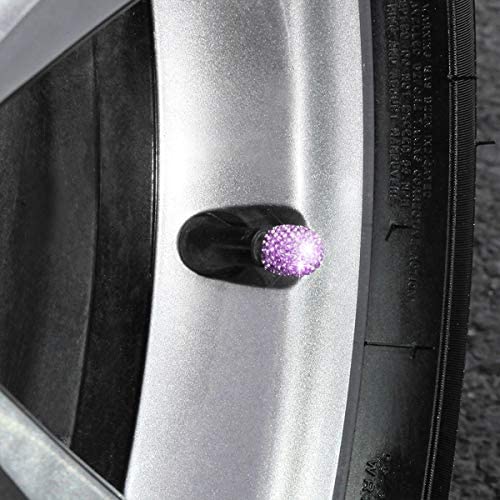 Valve Stem Caps, Car Wheel Tire Valve, 4 Pack Handmade Crystal Rhinestone Universal Car Tire Valve Caps Chrome, Attractive Dustproof Bling Car Accessories (A-Purple)