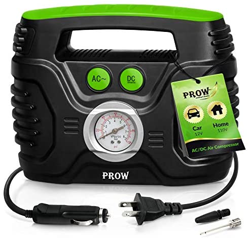 Prow Portable Air Compressor Tire Inflator AC/DC Electric Pump for Car – DC 12V, Home – AC 110V, Upscale, with Analog Pressure gauge, Air pump for Car Tires, Motorcycle, Bike, Basketball and More.