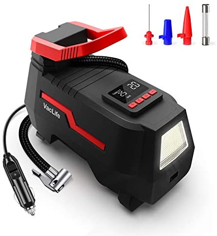VacLife Tire Inflator for Car Tires, Bicycles with Schrader Valve and Other Inflatables, DC 12V Portable Air Compressor with Emergency LED Light & 9.2 Ft Long Power Cord, Auto Shut Off (VL731)