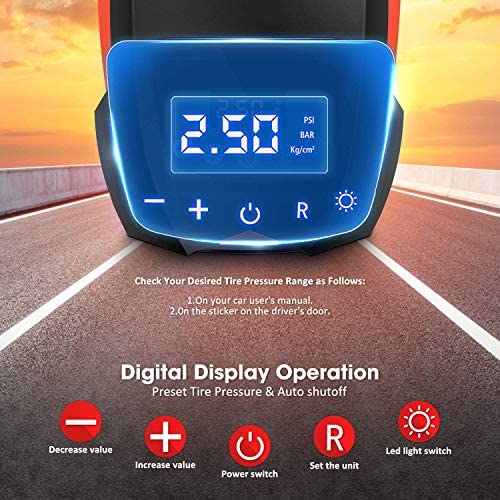 Portable Tire Inflator Air Compressor for Car, 12V DC Auto Car Tire Pump with 100LM Emergency LED Lights and Long Cable, Digital Air Pump for Car, Motorcycle, Bicycles