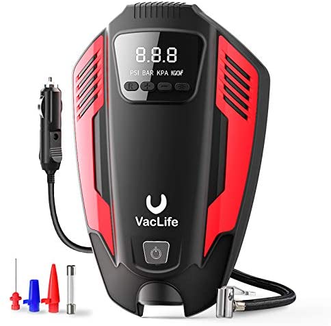 VacLife Air Compressor Tire Inflator, DC 12V Air Pump for Car Tires, Bicycles and Other Inflatables, Auto Portable Air Compressor with LED Light & 11.5 Feet Long Power Cord, Red (VL711)