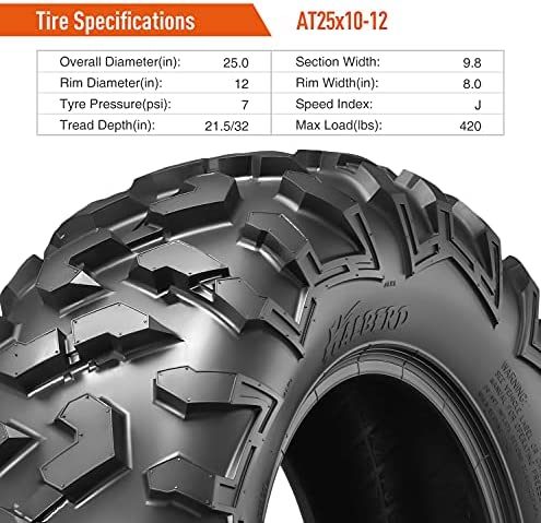 HALBERD 6PLY ATV Tires, 25×10-12 ATV Tires, 6PR All Terrain 25x10x12 Trail Sand ATV UTV Off-Road Tires | 17mm Tread Depth(Pack of 1, Tubeless)